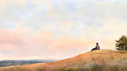 a lone figure sits atop a grassy hill lost in contemplation against a serene landscape in soft earth