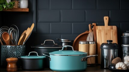 Modern kitchenware on dark background, turquoise pots and pans