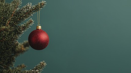 Wall Mural - A shimmering red ornament hanging from a Christmas tree branch against a green background during the holiday season