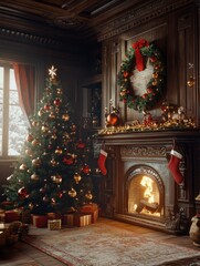 Wall Mural - A beautifully decorated Christmas tree adorned with red and gold ornaments stands beside a crackling fireplace, creating a warm ambiance in a festive atmosphere - Generative AI