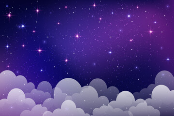 Wall Mural - starry night sky with clouds. vector cute magic space background. dreamy illustration of cosmos. car