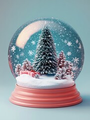 Wall Mural - A three-dimensional illustration of a snow globe with a festive winter scene, including a Christmas tree and snowflakes