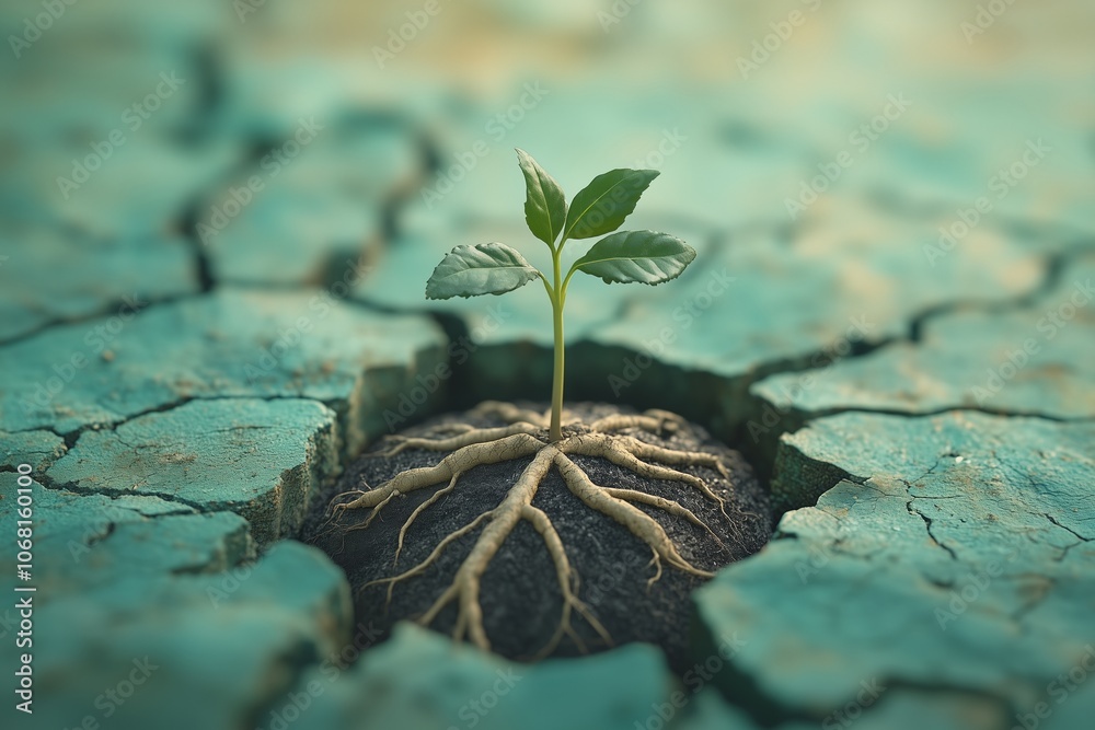 Young green plant with visible roots emerging from cracked dry soil ...