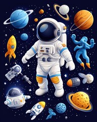 a colorful astronaut illustration surrounded by planets, rockets, and aliens in a vibrant cosmic sce