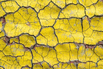 Wall Mural - A close-up of cracked yellow paint, showcasing texture and color variations.