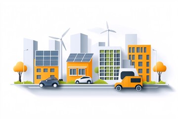 Poster - A bustling urban street with energy-efficient buildings, solar panels and green facades, electric bicycles and scooters in motion, modern eco-friendly city life