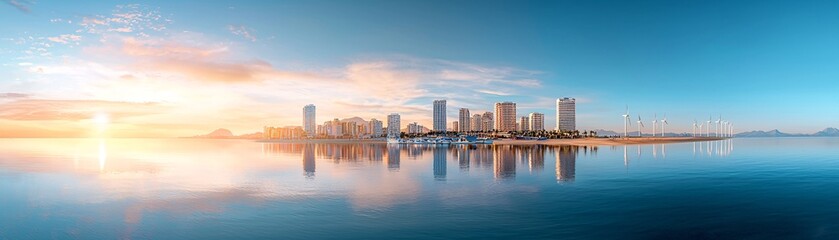 Aufkleber - scenic coastal cityscape, clean ocean, electric boats docked, wind farms offshore, people enjoying c