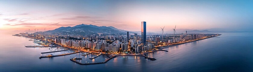 Aufkleber - scenic coastal cityscape, clean ocean, electric boats docked, wind farms offshore, people enjoying c