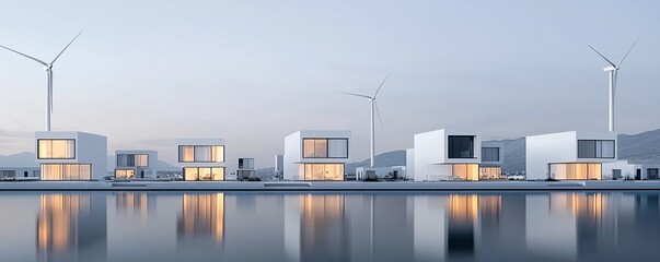 Poster - Green tech eco-village by a serene lake, modern sustainable homes with solar panels, wind turbines scattered around, families living an eco-friendly lifestyle