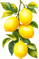 Wall Mural - lemons on a branch, handmade watercolor clip art. white background. yellow citrus fruits and leaves.