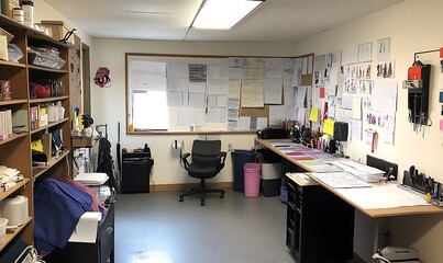 Poster - A cluttered office space with documents and supplies organized on shelves and desks.