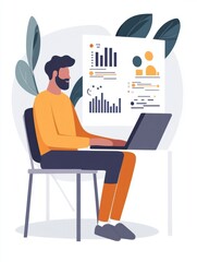 Poster - data analysis to increase sales and revenue. man sitting with laptop and working with growing graph.