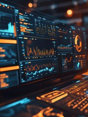 Poster - digital dashboard displaying financial data and analytics with various graphs and charts.