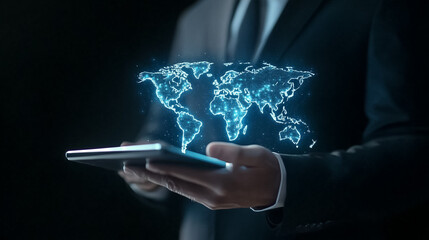 Poster - A business person interacts with a holographic map of the world while in a dimly lit office