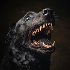 fierce black dog baring its teeth in an intimidating display, captured with a sharp focus on its int