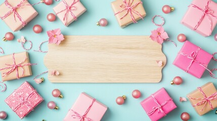 Wall Mural - create a festive christmas wallpaper with a blank wooden sign and gifts