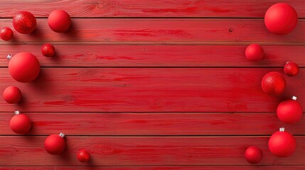 Wall Mural - create a festive christmas wallpaper with red ornaments on wooden background