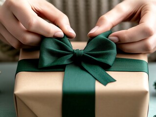 Closeup of hands tying a bow on a holiday gift, focus on Christmas wrapping and festive details, cozy workspace