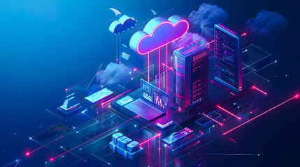 Poster - Cloud technology concept. Data center concept. Modern cloud technologies. Neon colors, cyber space, isometric illustration network with computer, laptop, tablet and smartphone. For web