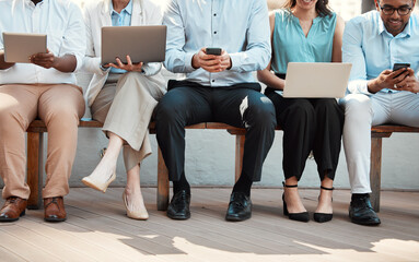 Poster - Group of people, technology and waiting room in row for job opportunity, interview or onboarding. Team, business and together for feedback, networking and human resources agency with online as staff