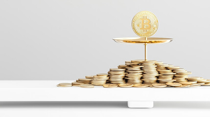 Poster - A golden Bitcoin is prominently displayed above a large stack of coins, symbolizing the rise of cryptocurrency wealth