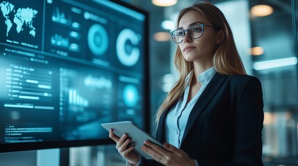Poster - Professional woman analyzing data on a digital screen while holding a tablet in a modern office environment during the day