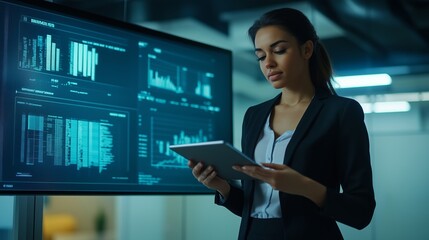 Poster - Businesswoman analyzing data on tablet in a modern office environment with digital screens displaying statistics and reports