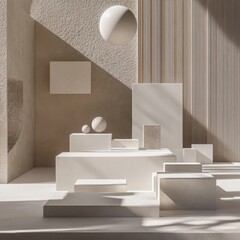 Poster - Floating white geometric elements in architectural model design showcasing modern aesthetics and structure