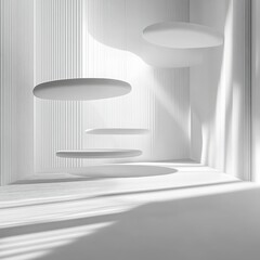 Poster - Floating white geometric elements in architectural model design showcasing modern aesthetics and spatial dynamics