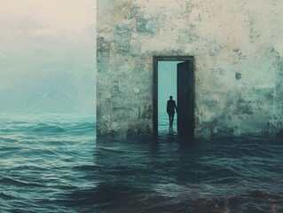 Poster - A surreal journey a figure walking through a door in the vast ocean of dreams and imagination