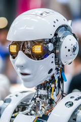 Poster - The humanoid robot features glowing eyes and an intricate design, highlighting technology at a modern exhibition