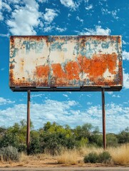 a weathered billboard in the northern territory with remnants of an old advertising campaign , aband