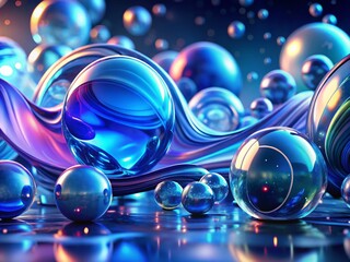 Poster - Abstract 3D Animation of Smooth Volume Objects in Glassy Material with Bokeh Effect: Blue Liquid Forms and Primitives in a 4K Seamless Loop Template for Creative Projects