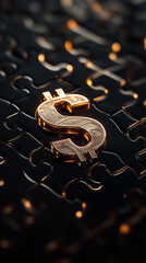 Poster - A shiny gold dollar sign lies on an intricate dark puzzle, representing the challenges of financial success