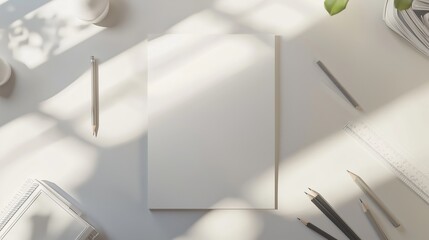Aufkleber - Blank workspace with a sheet of paper surrounded by pencils, sunlight filtering through leaves during afternoon