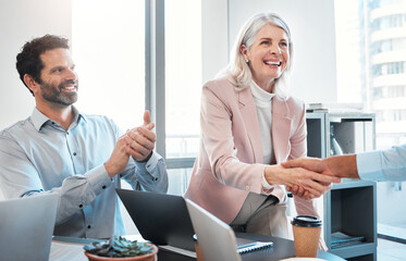 Poster - Business people, handshake and partnership with agreement, thank you and planning in meeting. Group, onboarding and employees shaking hands, cooperation and recruitment for project, smile or feedback