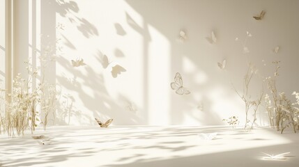 Poster - a serene white room adorned with delicate butterflies and soft sunlight filtering through, creating 