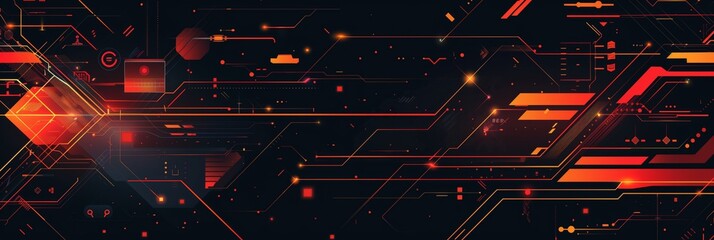 Poster - A flat vector background with simple shapes and lines in dark colors, featuring orange and red geometric patterns on the right side of an empty space for text or design elements