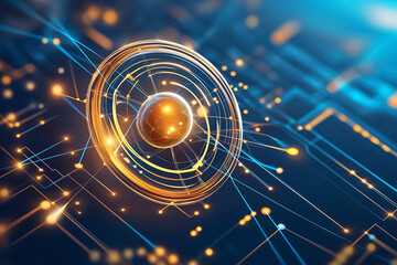 Poster - A vibrant depiction of an atom with glowing orbits and connections, symbolizing advanced technology and innovation