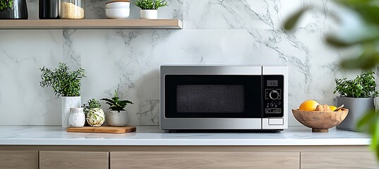 a stainless steel microwave with modern kitchen tiles behind it and space for text above