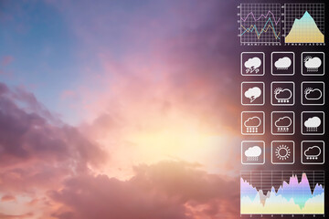 Wall Mural - weather forecast symbol data presentation with graph and chart on dramatic atmosphere panorama view 