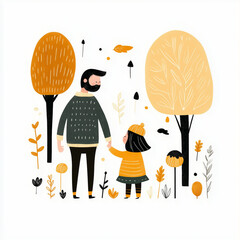 A father and his young daughter enjoying a walk through an autumn forest, laughing and having fun outdoors.  fall colors of the leaves create a warm, joyful atmosphere flat vector illustration