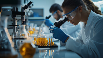 Poster - Laboratory scene with scientists examining samples under microscopes, showcasing research and experimentation in modern setting