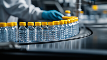 Poster - Dynamic capture of plastic bottle recycling operation, showcasing bottles with yellow caps on conveyor belt. scene highlights importance of recycling