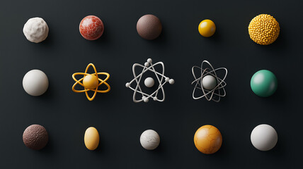 Aufkleber - Realistic atomic structures in various colors and textures, showcasing spheres and atomic models. This highlights scientific concepts and creativity in design