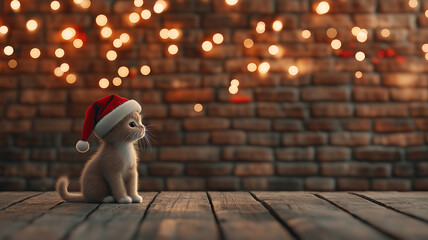 Poster - cute kitten wearing Santa hat sits on wooden floor, surrounded by glowing Christmas lights against brick wall, evoking festive and joyful atmosphere