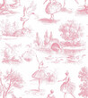 © alekuwka83 - Pink and white toile de Jouy wallpaper with ballerinas, swans, and garden scenes,