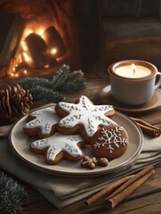 Delightful gingerbread cookies with white icing on a holiday setting, evoking the warmth of christmas