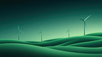 Poster - Wind turbines stand tall on rolling green hills under a serene sky, AI