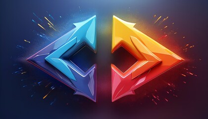 Poster - A dynamic graphic featuring two arrows, one blue and one orange, emanating energy and creativity through colorful particles.